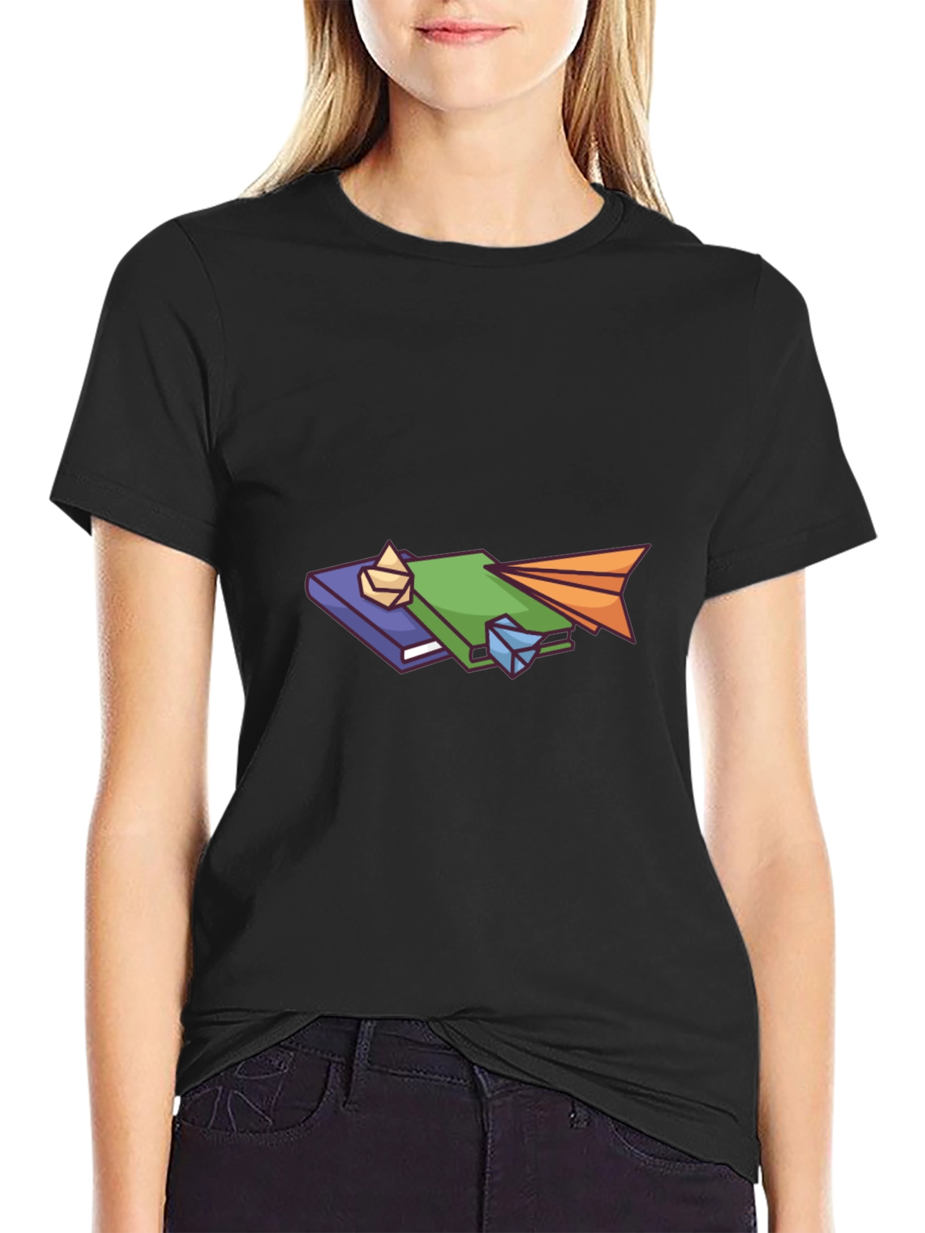 Book Stack Graphic Tee - Black Cotton Comfort