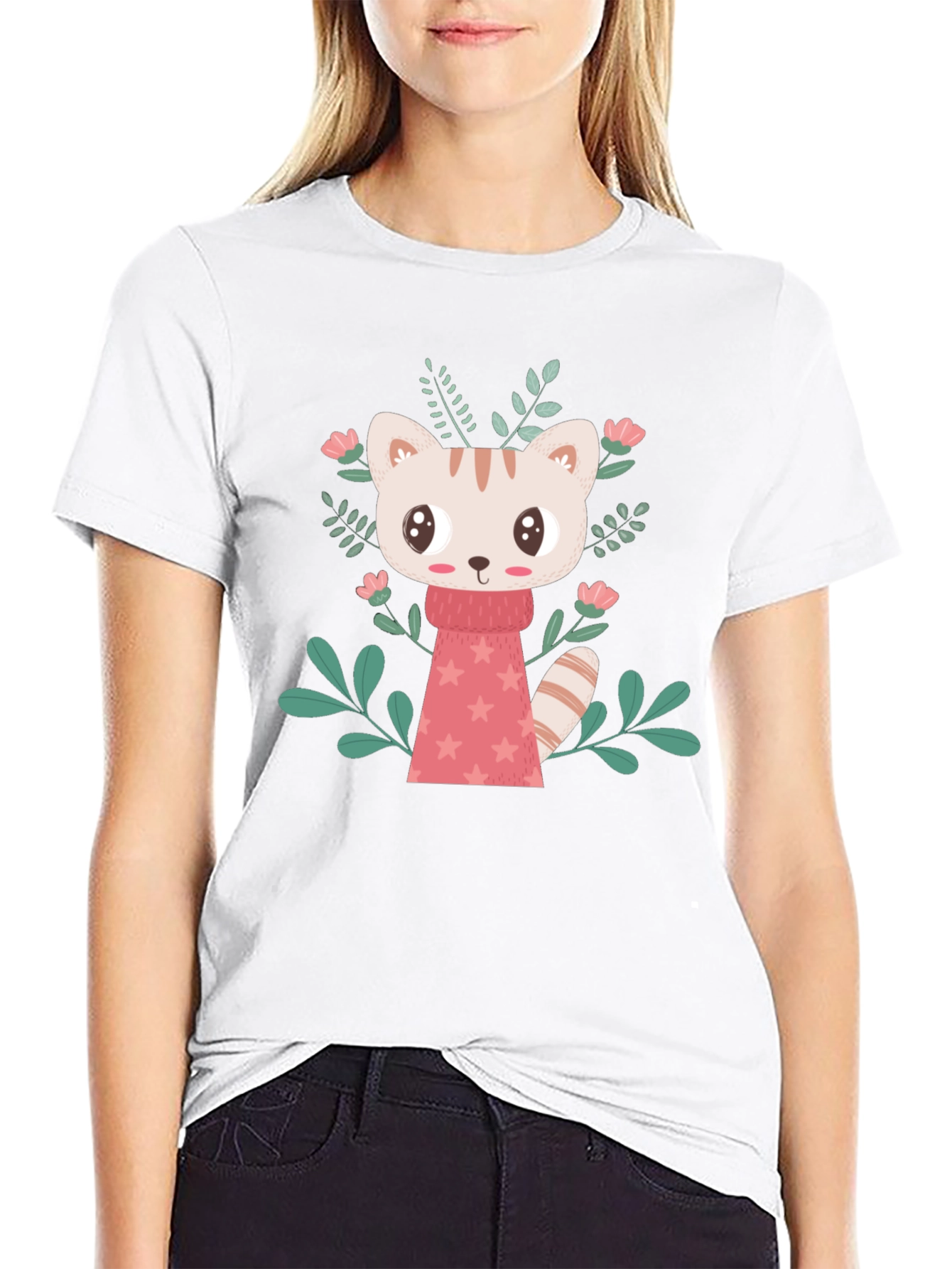 Cute Cartoon Cat T-Shirt - Black
