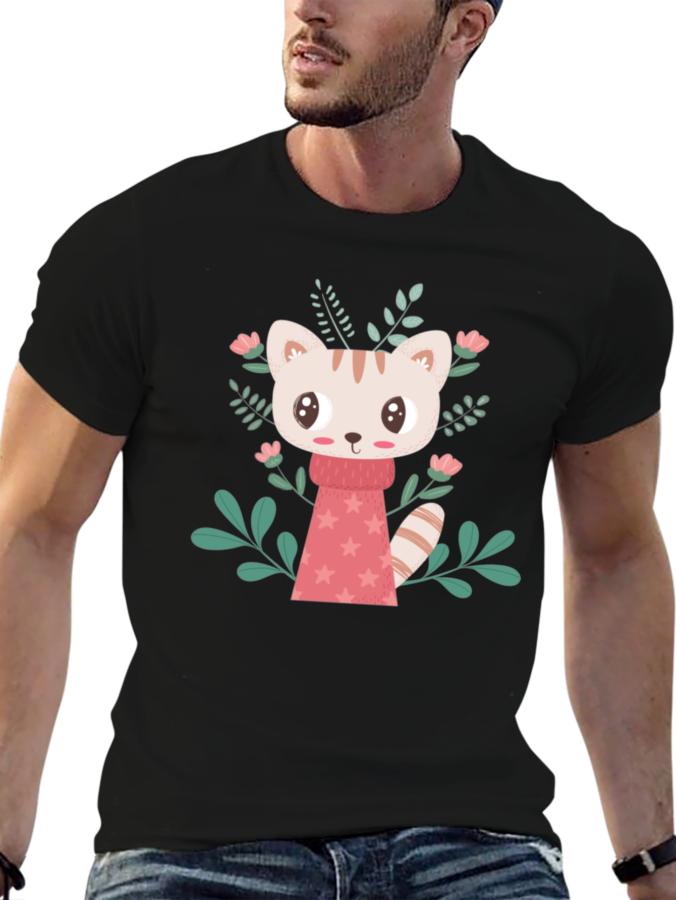 Cute Cartoon Cat T-Shirt - Black