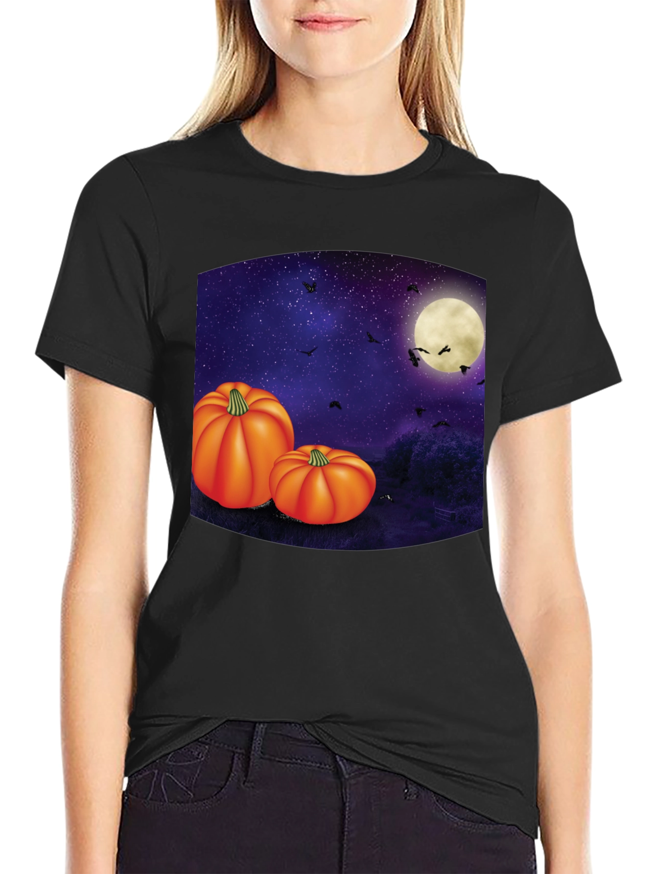 Halloween Pumpkin Moon Mens Black T-Shirt