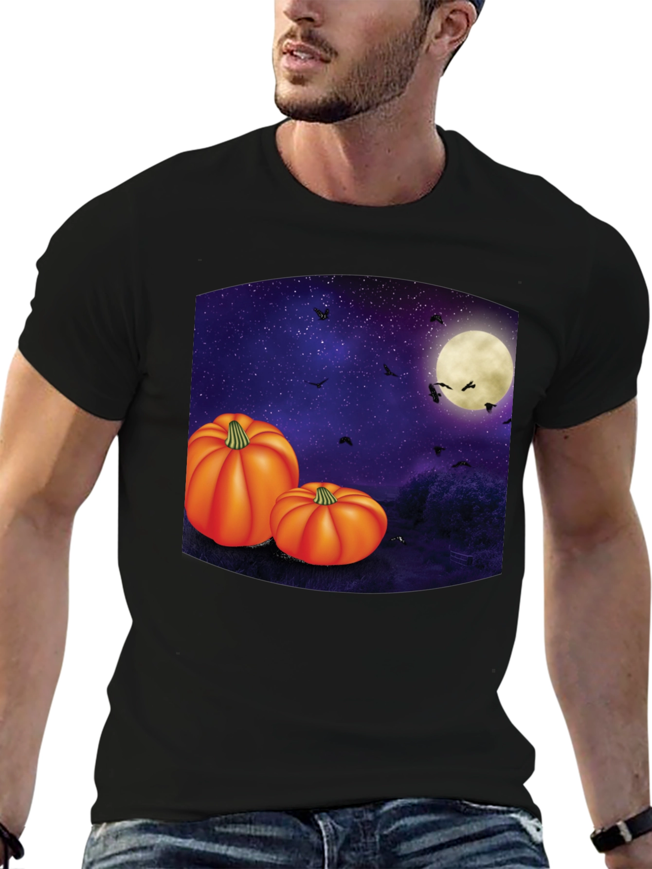 Halloween Pumpkin Moon Mens Black T-Shirt