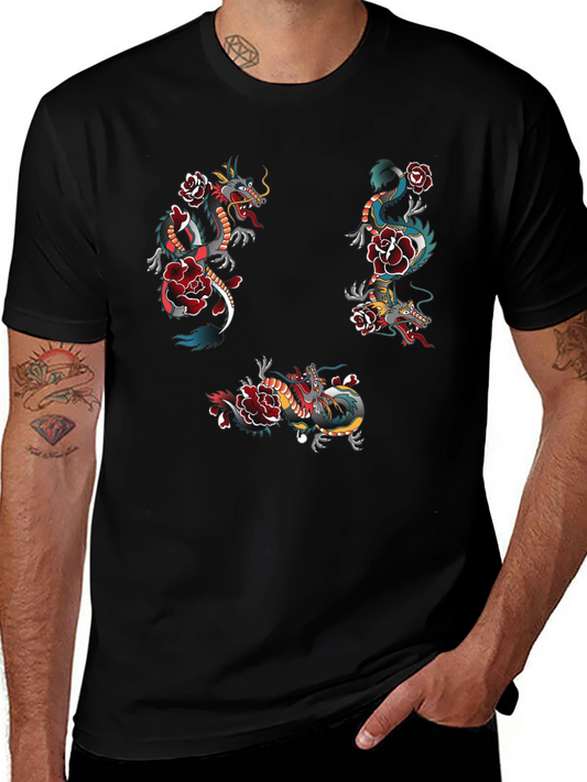 Dragon & Rose Graphic Print Black T-Shirt