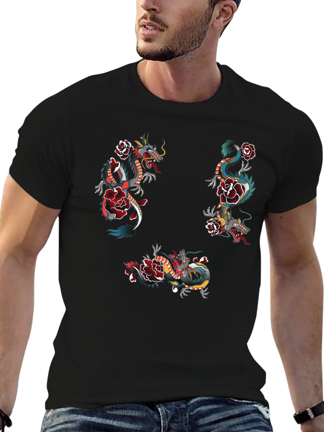 Dragon & Rose Graphic Print Black T-Shirt