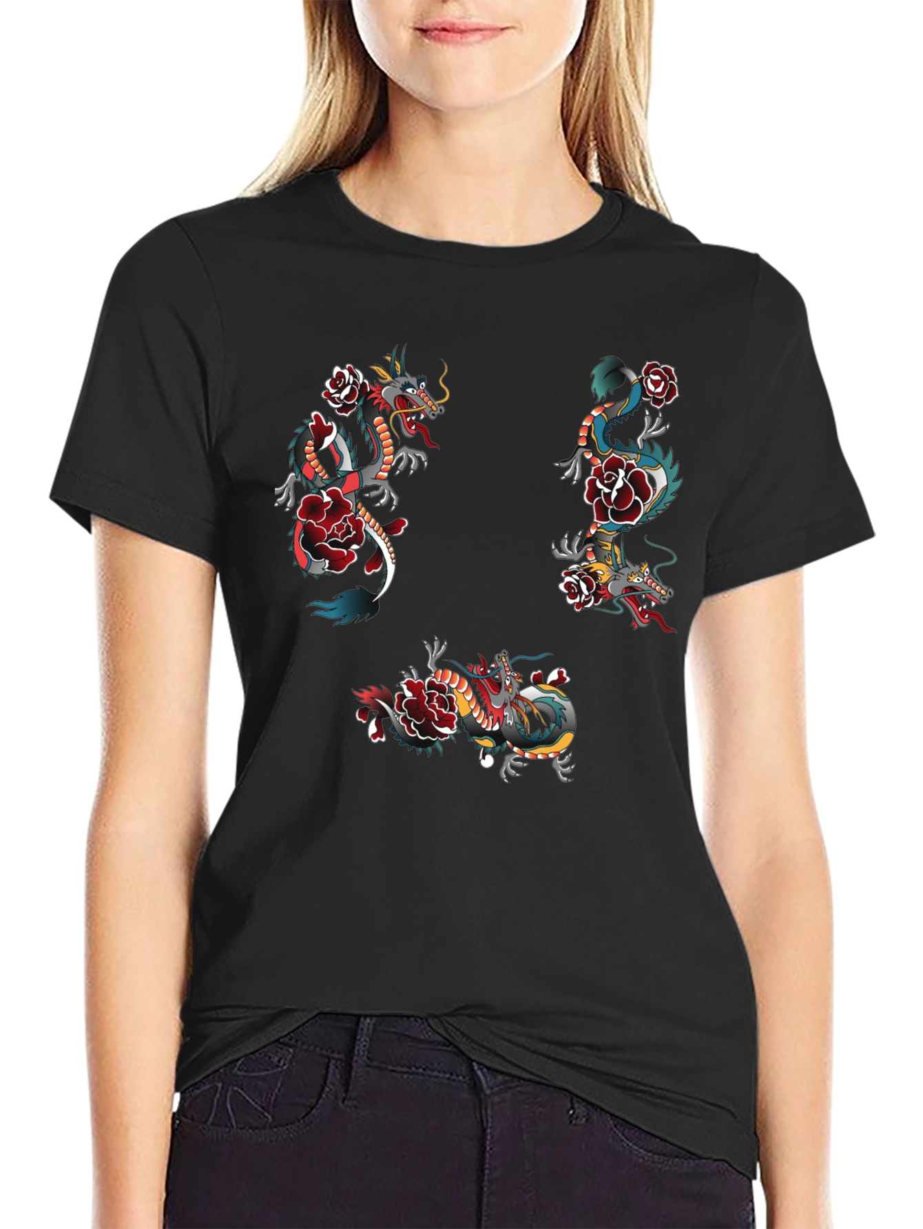 Dragon & Rose Graphic Print Black T-Shirt