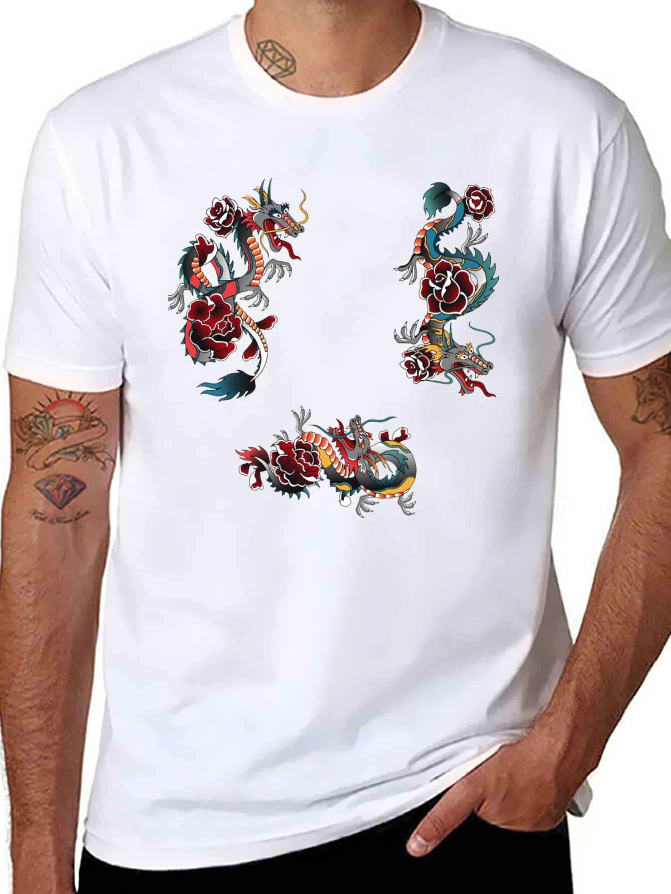 Dragon & Rose Graphic Print Black T-Shirt