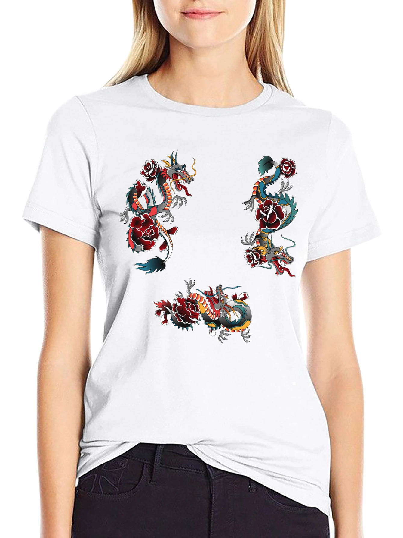 Dragon & Rose Graphic Print Black T-Shirt