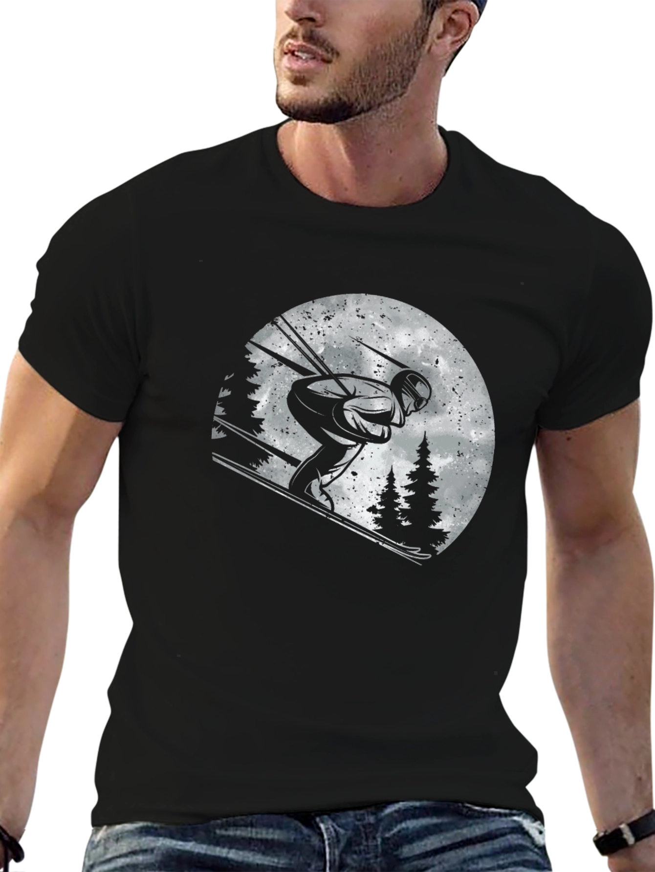 Skiing Graphic T-Shirt - Black Cotton Tee