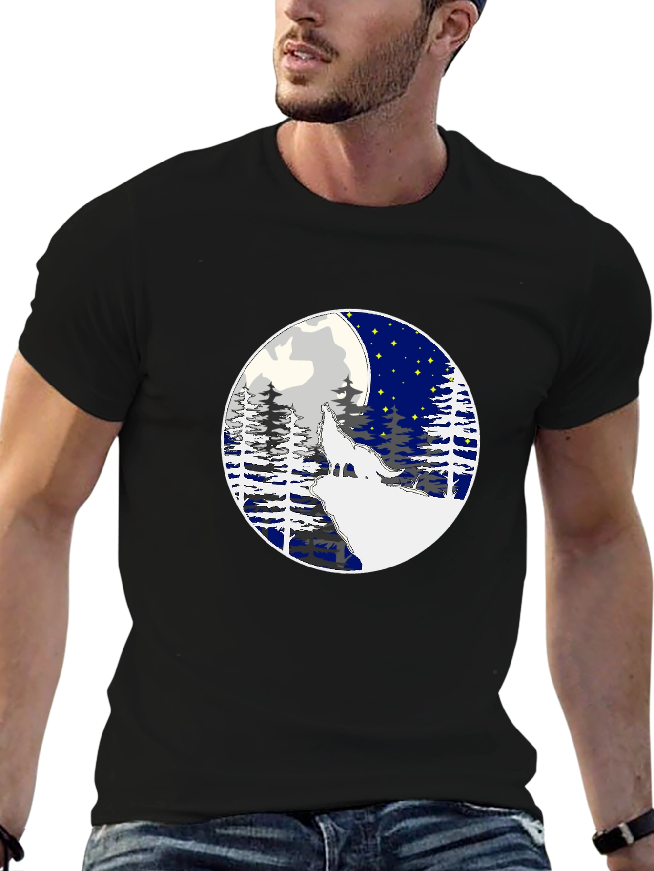 Wolf Howling Moon Graphic Tee - Stylish Black T-Shirt
