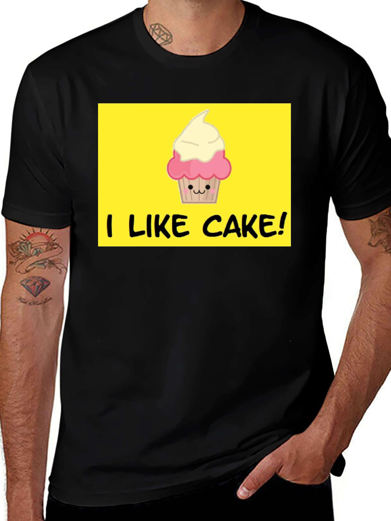 I Like Cake! Black T-Shirt with Cute Cupcake Graphic