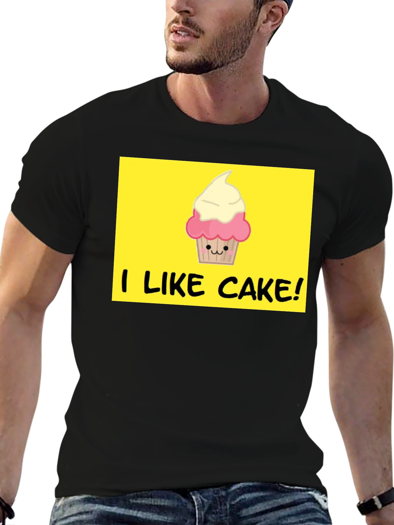 I Like Cake! Black T-Shirt with Cute Cupcake Graphic