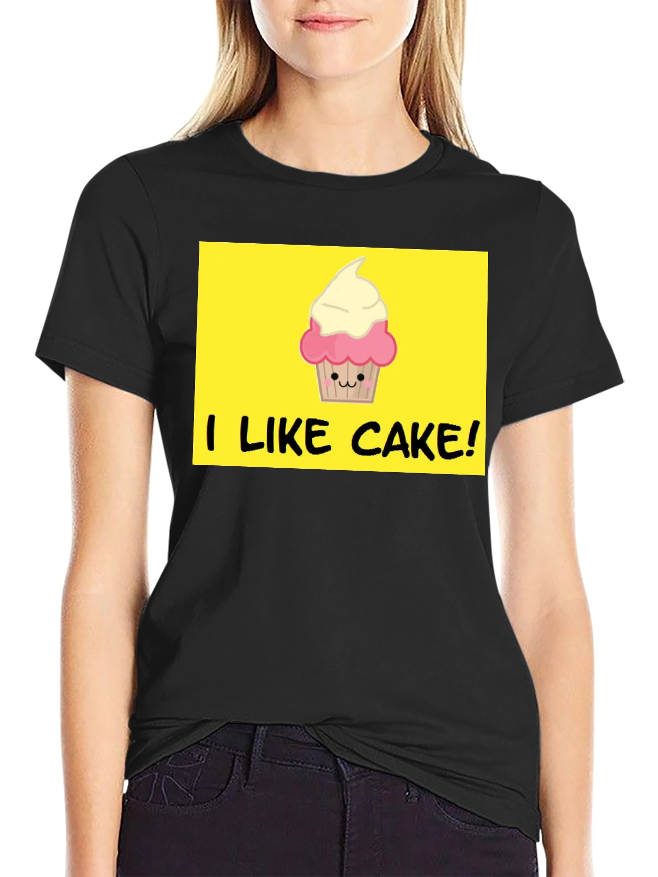 I Like Cake! Black T-Shirt with Cute Cupcake Graphic