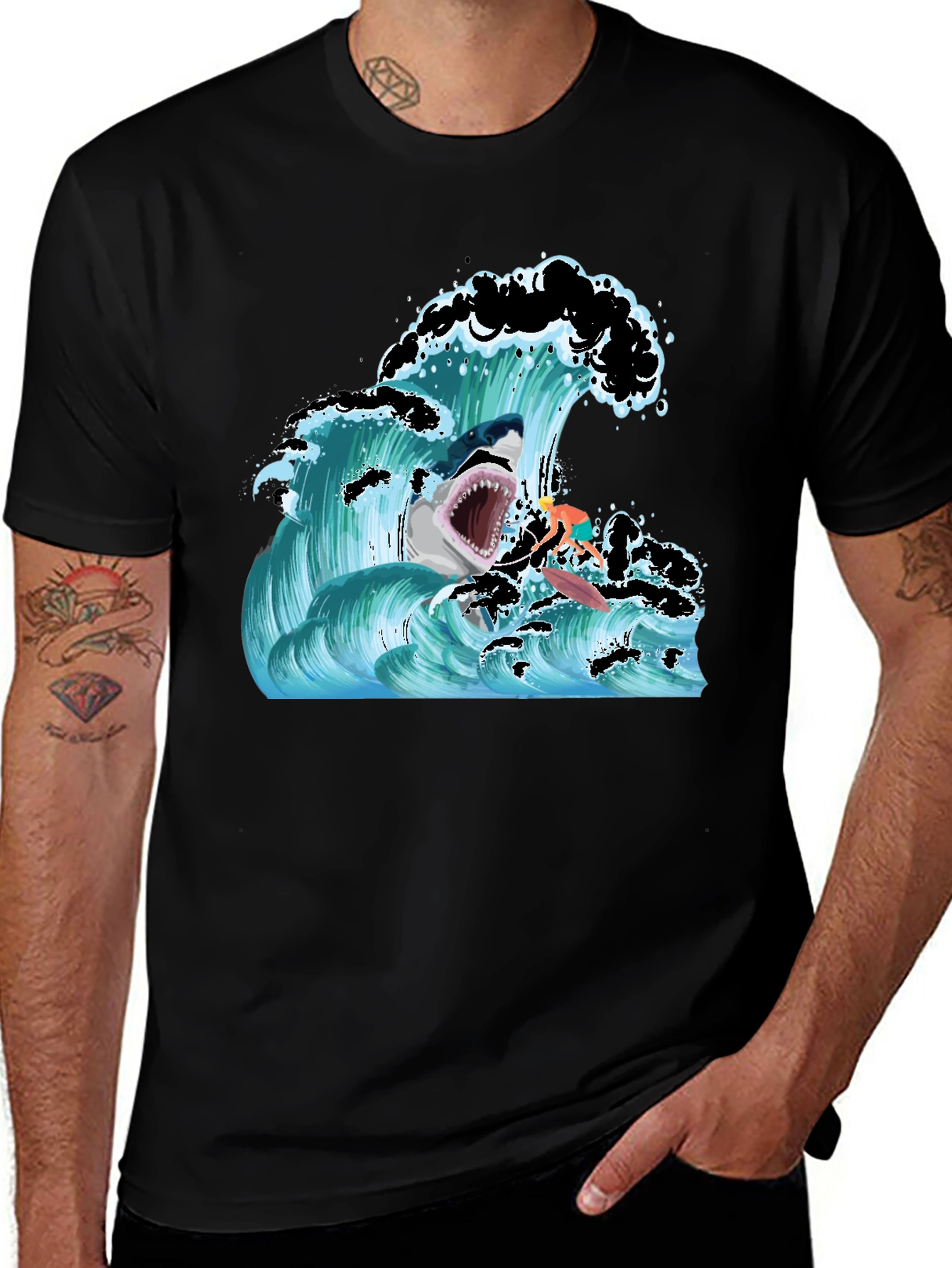 Shark Wave Graphic T-Shirt - Black Short Sleeve