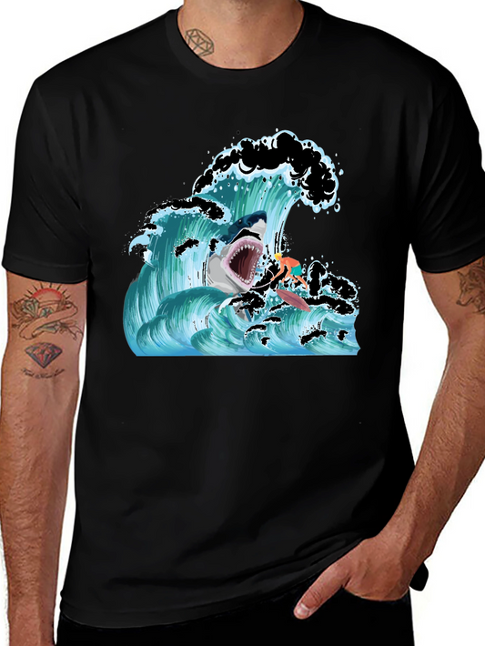 Shark Wave Graphic T-Shirt - Black Short Sleeve