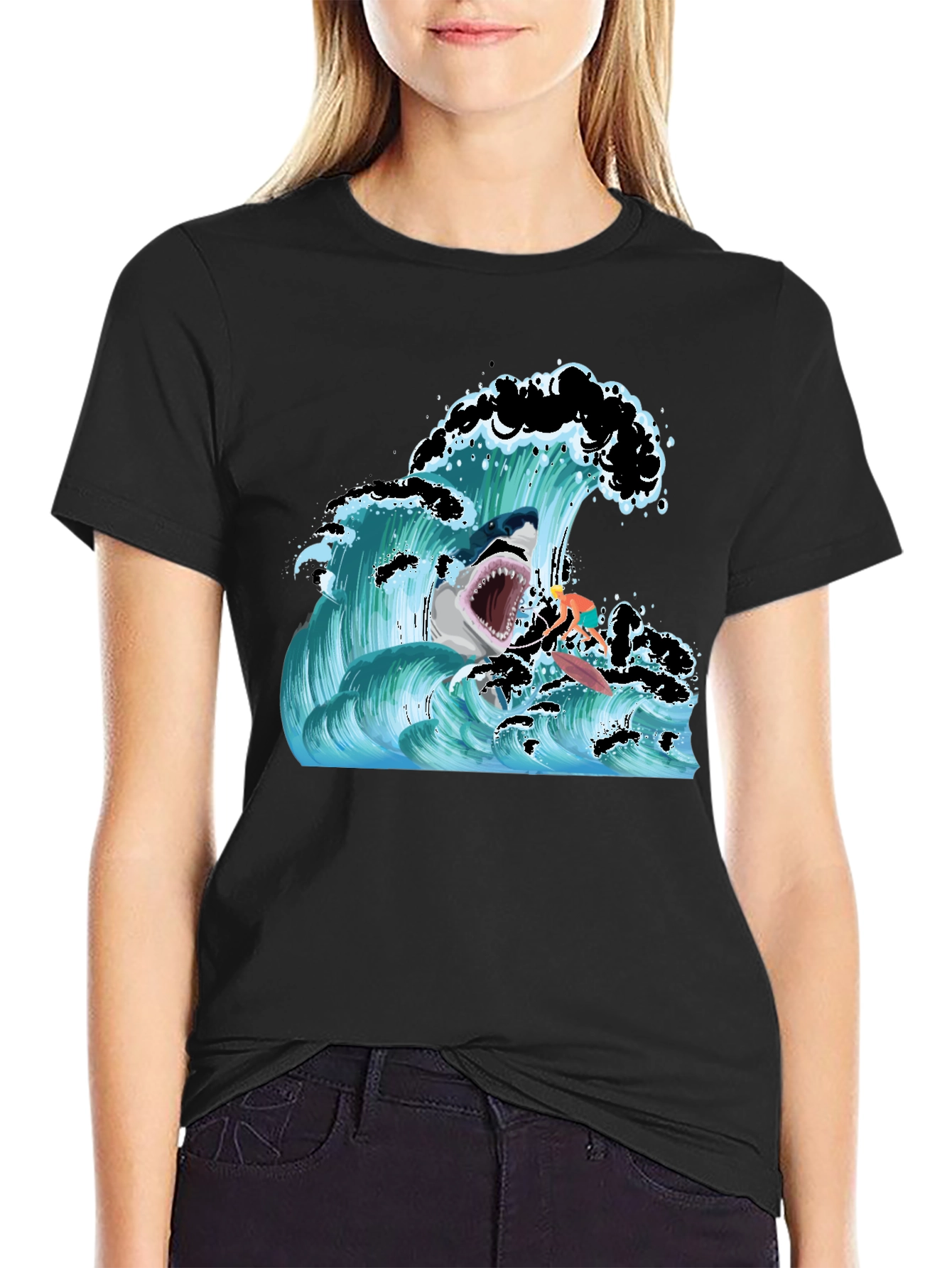 Shark Wave Graphic T-Shirt - Black Short Sleeve