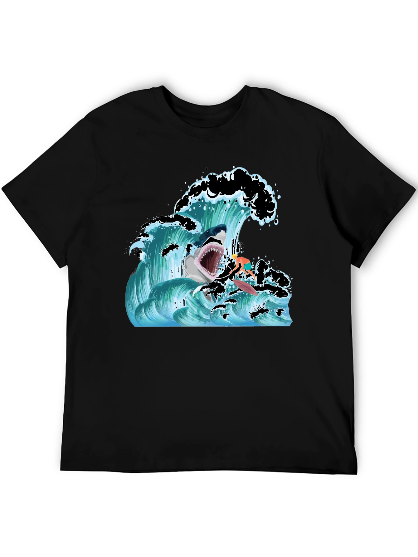 Shark Wave Graphic T-Shirt - Black Short Sleeve