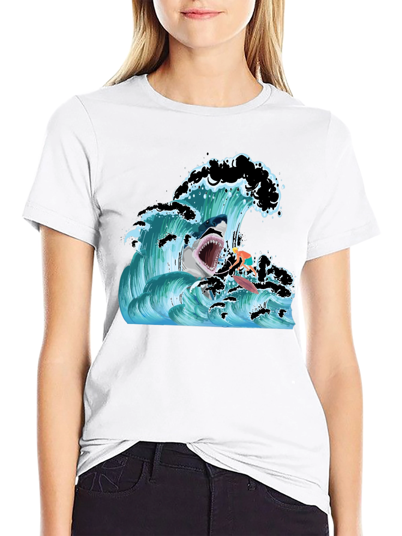 Shark Wave Graphic T-Shirt - Black Short Sleeve