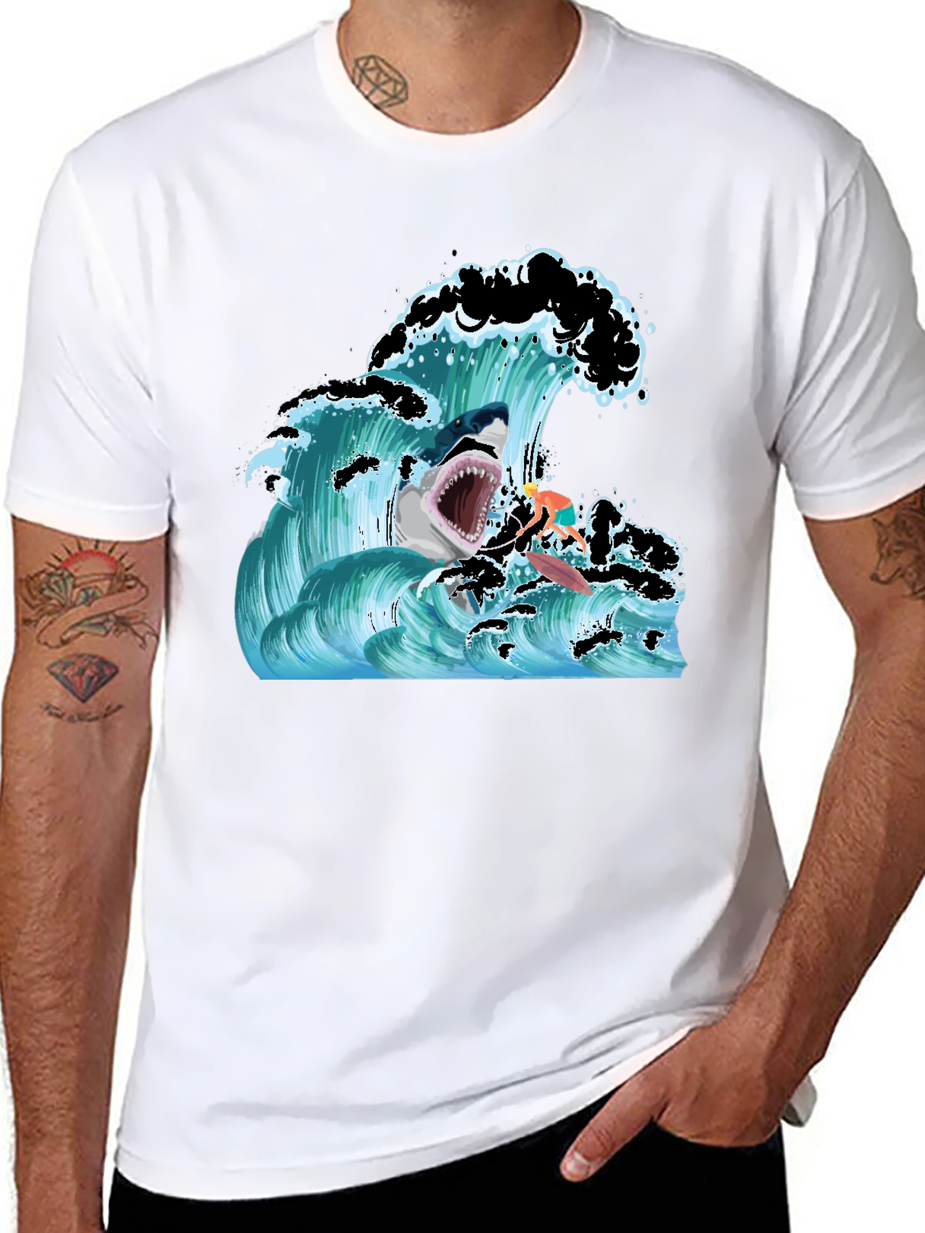 Shark Wave Graphic T-Shirt - Black Short Sleeve