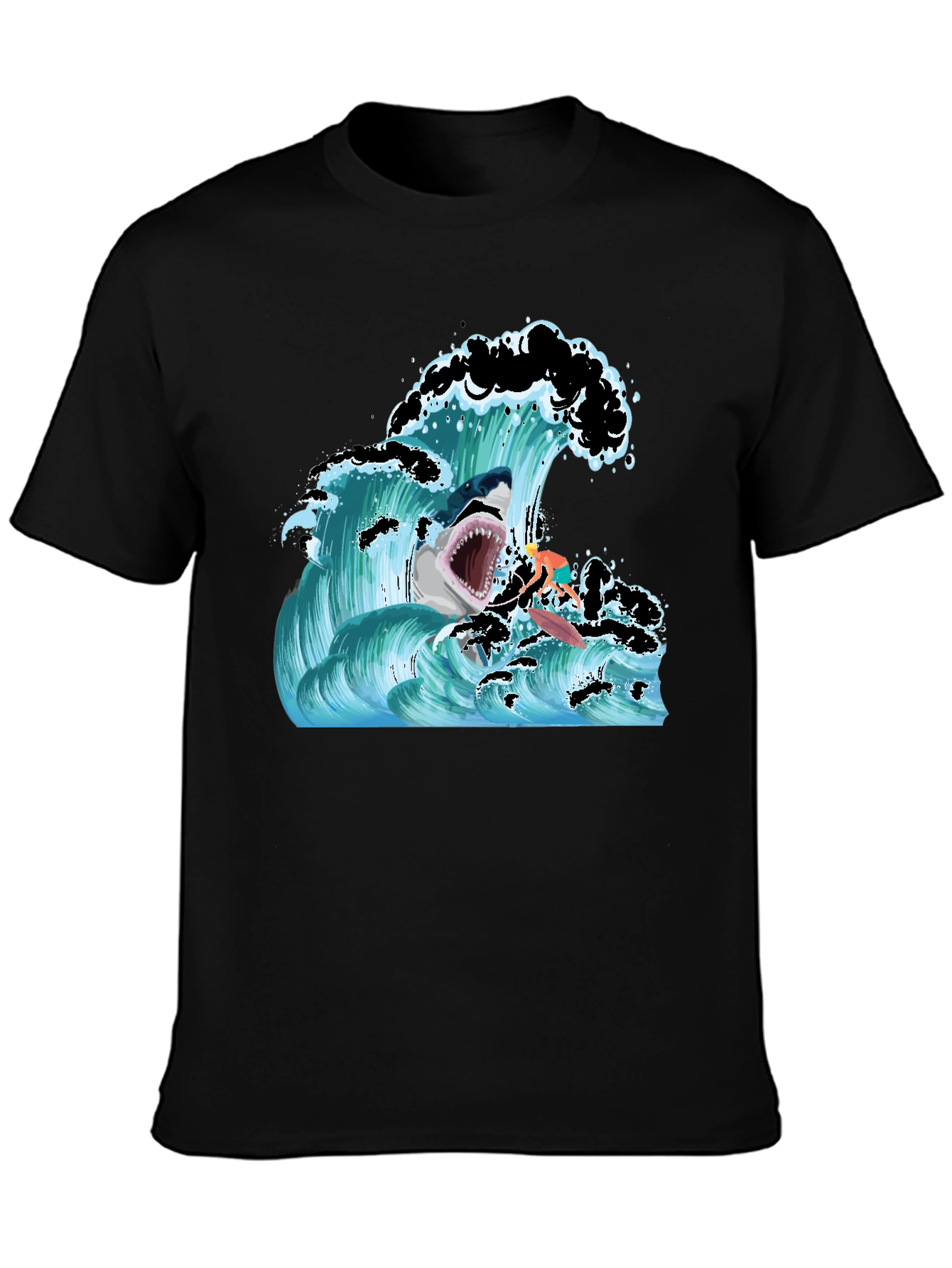 Shark Wave Graphic T-Shirt - Black Short Sleeve