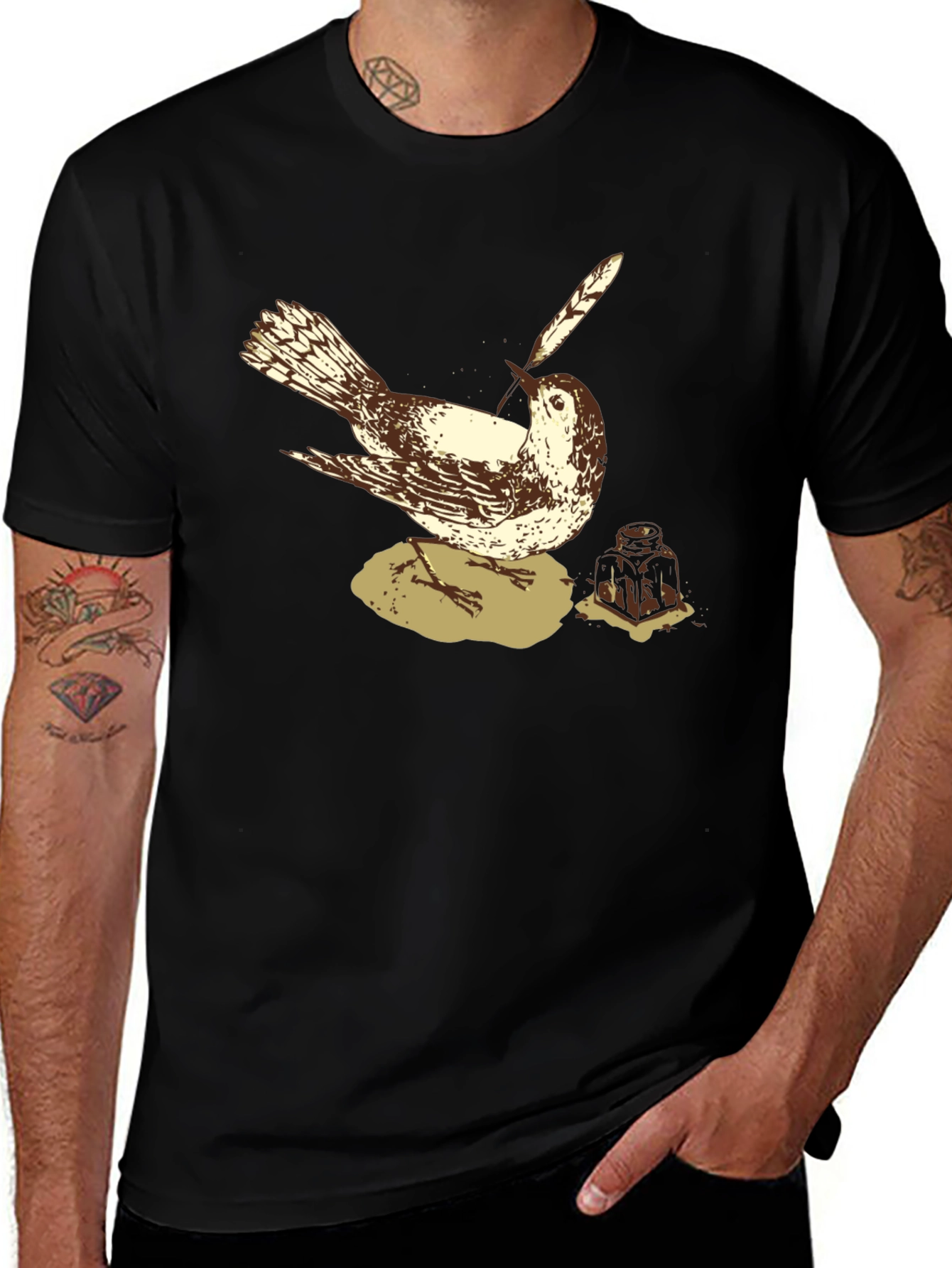 Bird with Quill Pen Graphic Tee - Black