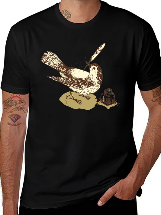 Bird with Quill Pen Graphic Tee - Black
