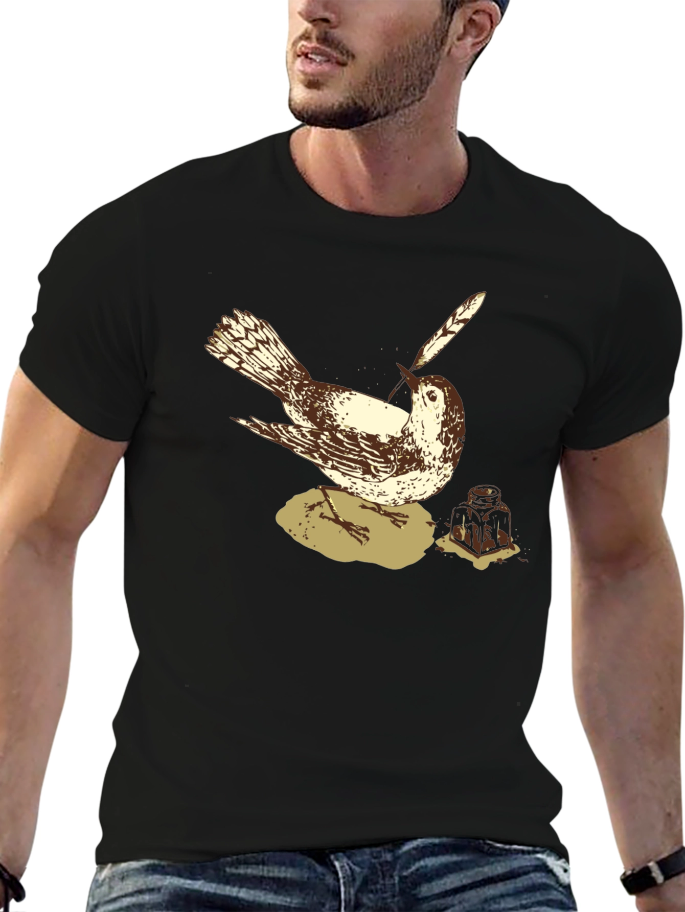 Bird with Quill Pen Graphic Tee - Black