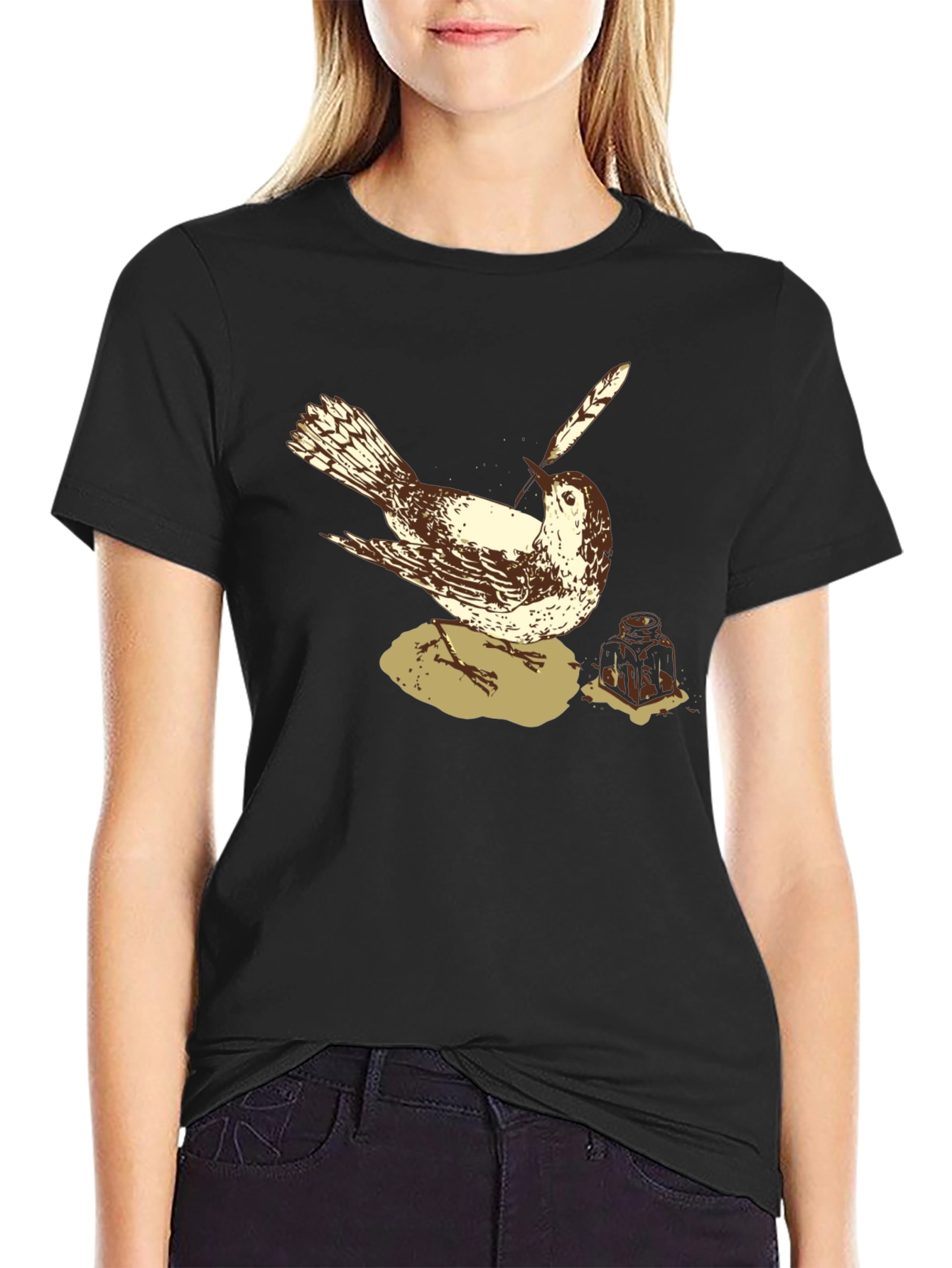 Bird with Quill Pen Graphic Tee - Black