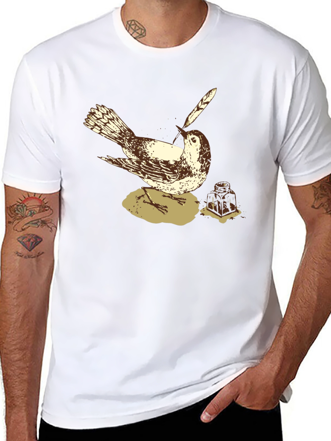 Bird with Quill Pen Graphic Tee - Black