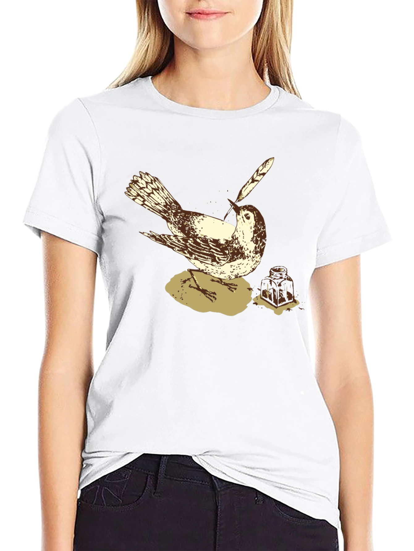 Bird with Quill Pen Graphic Tee - Black