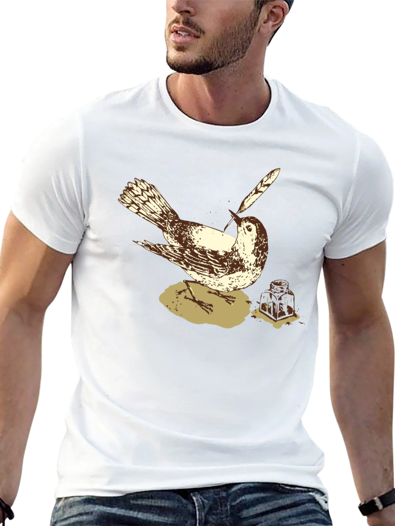 Bird with Quill Pen Graphic Tee - Black