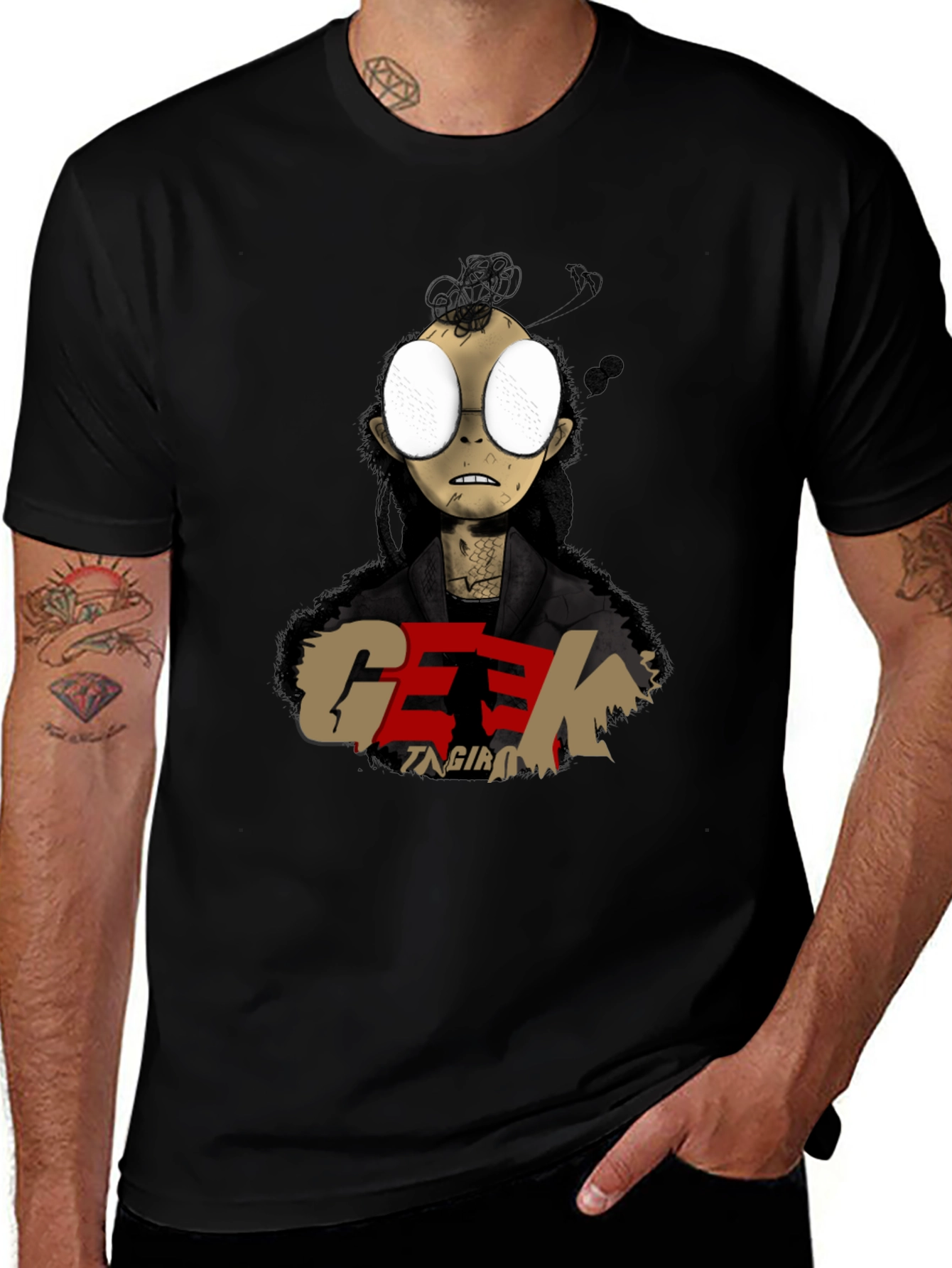 Geek Character Graphic Print Black T-Shirt