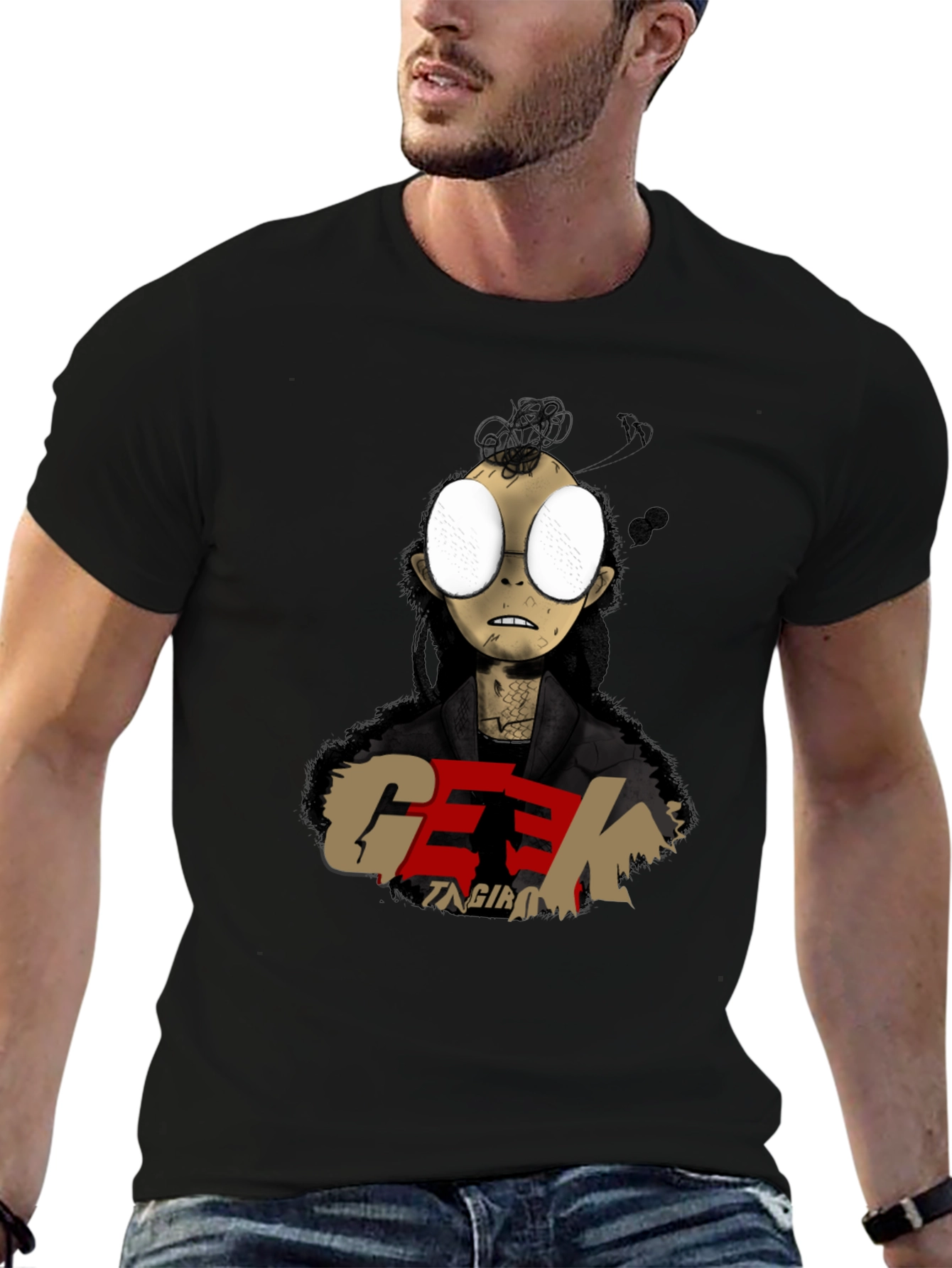 Geek Character Graphic Print Black T-Shirt