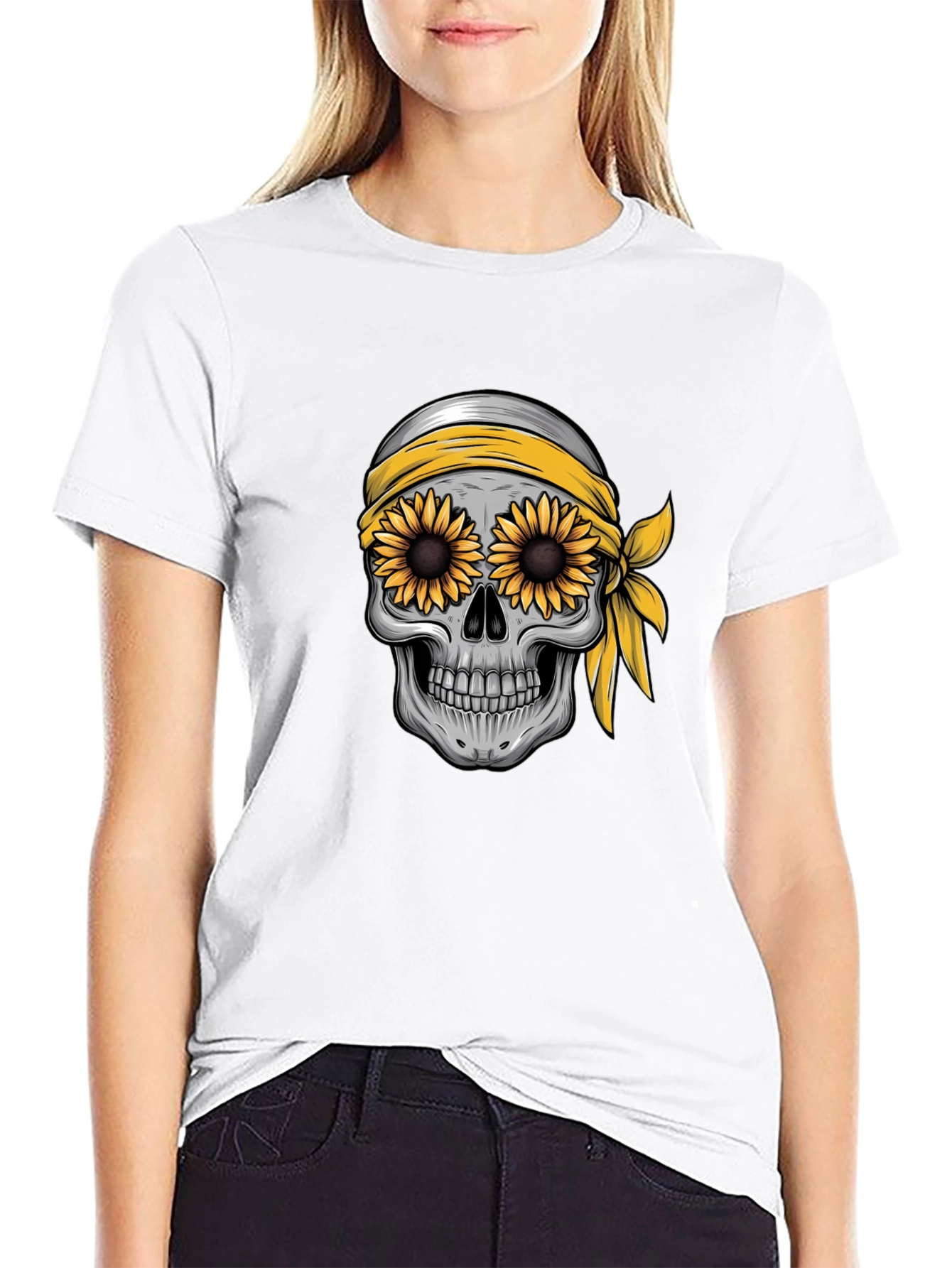 Skull Sunflower Graphic Tee - Black Cotton