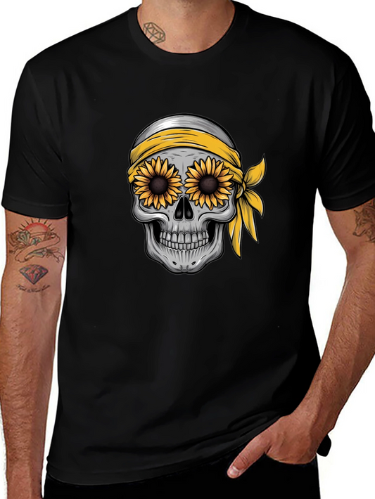 Skull Sunflower Graphic Tee - Black Cotton