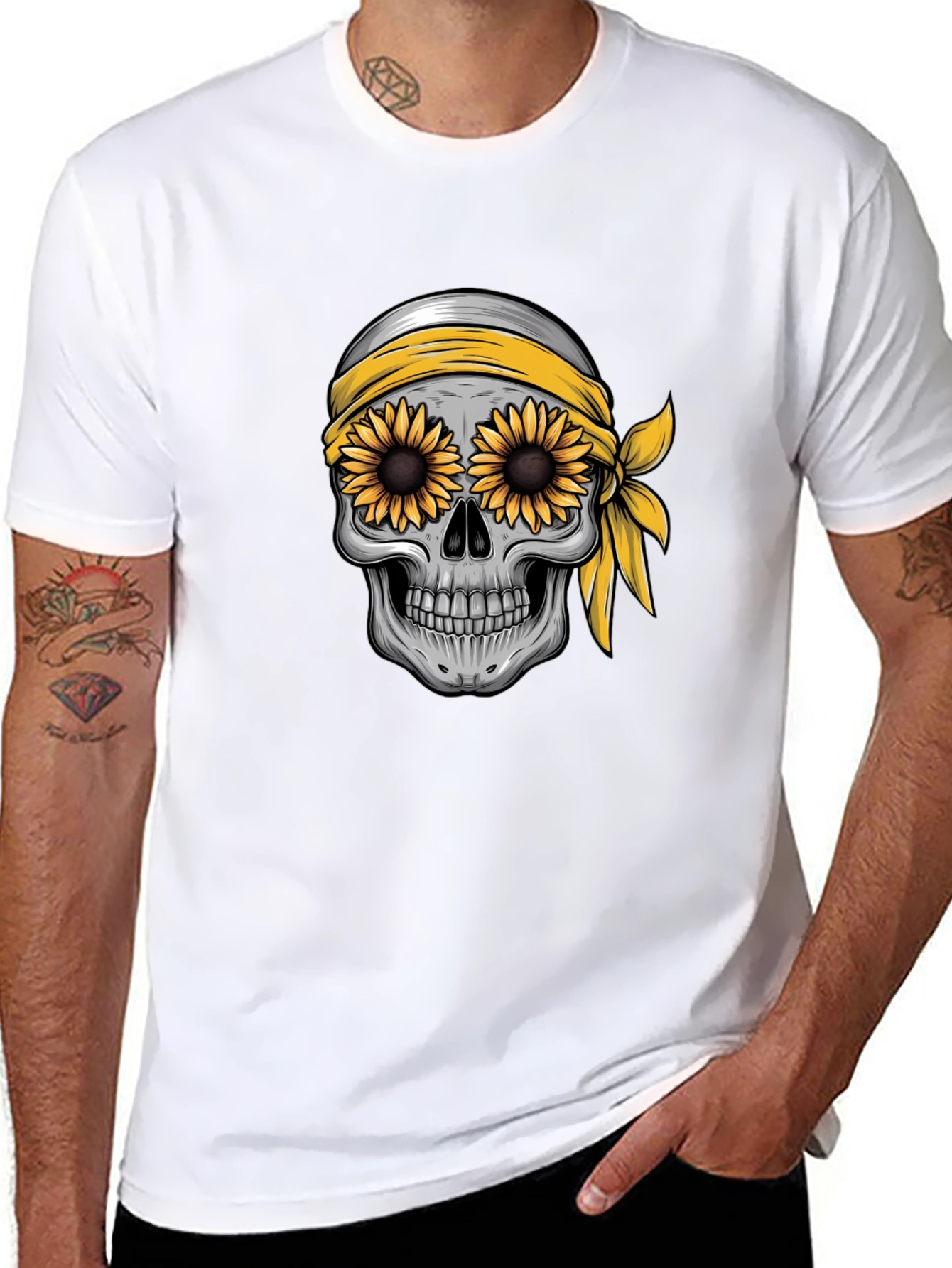 Skull Sunflower Graphic Tee - Black Cotton