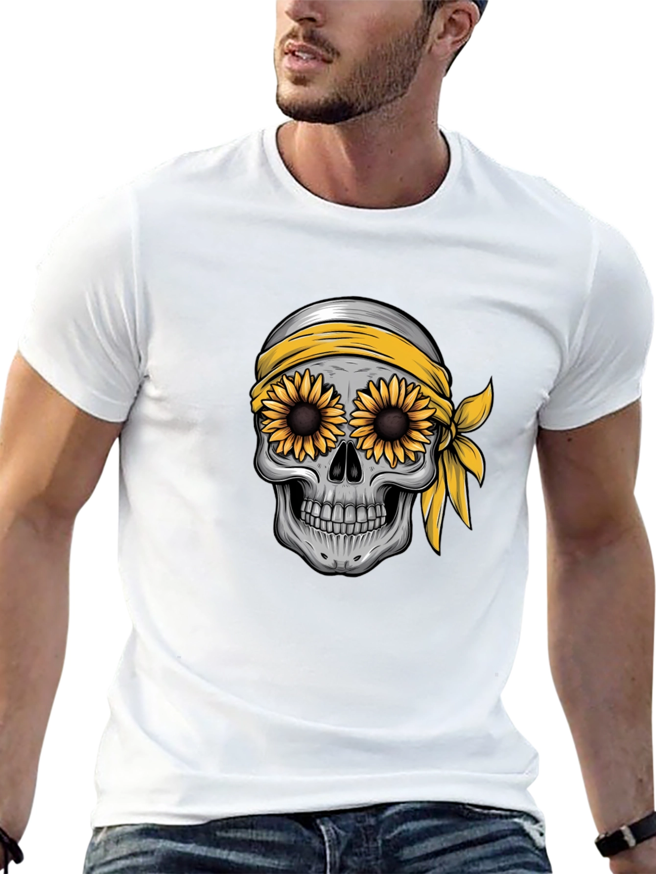 Skull Sunflower Graphic Tee - Black Cotton