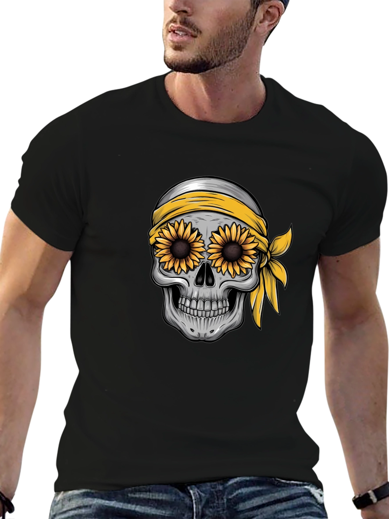 Skull Sunflower Graphic Tee - Black Cotton