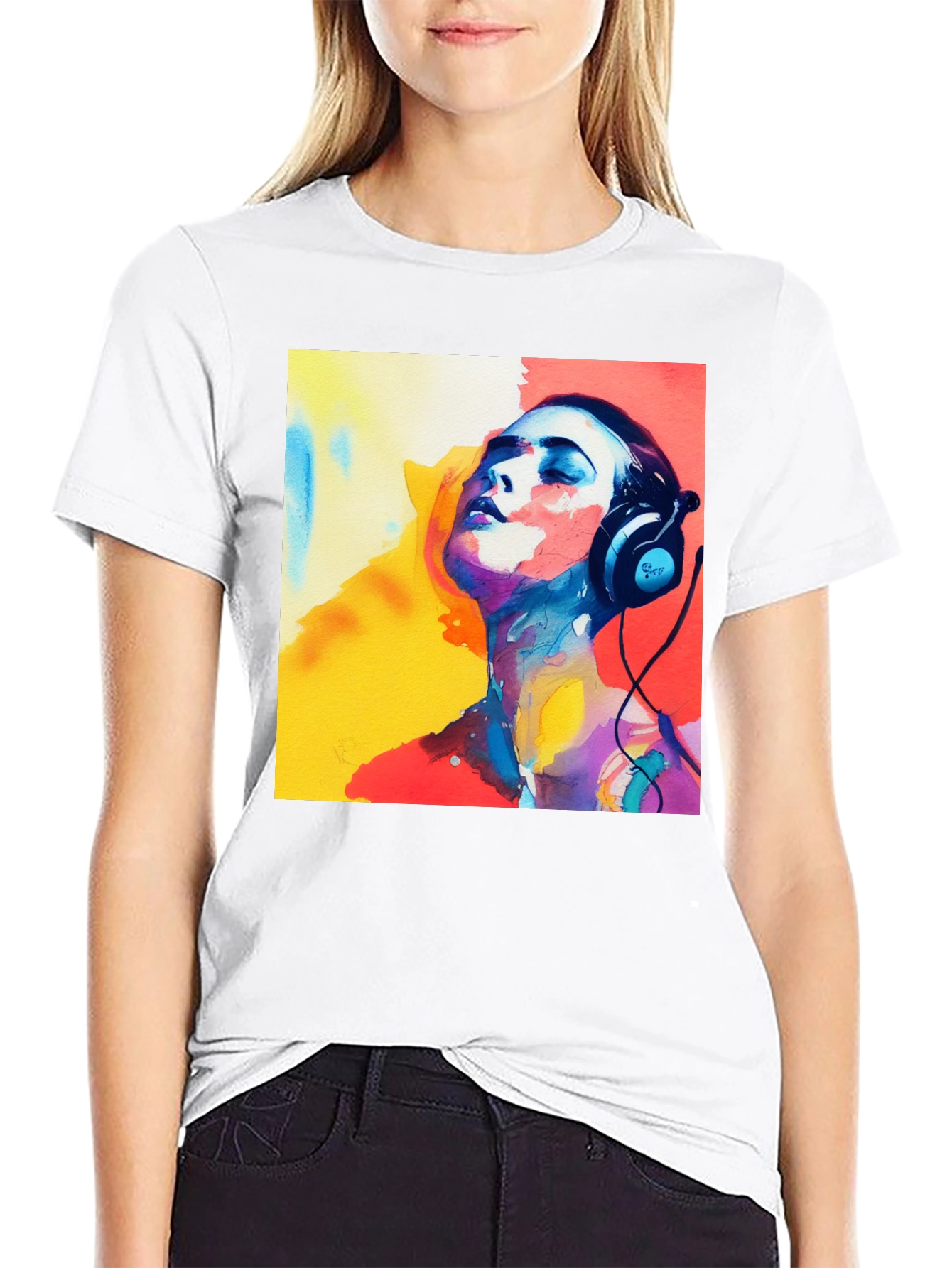 Abstract Art Woman with Headphones Graphic Tee