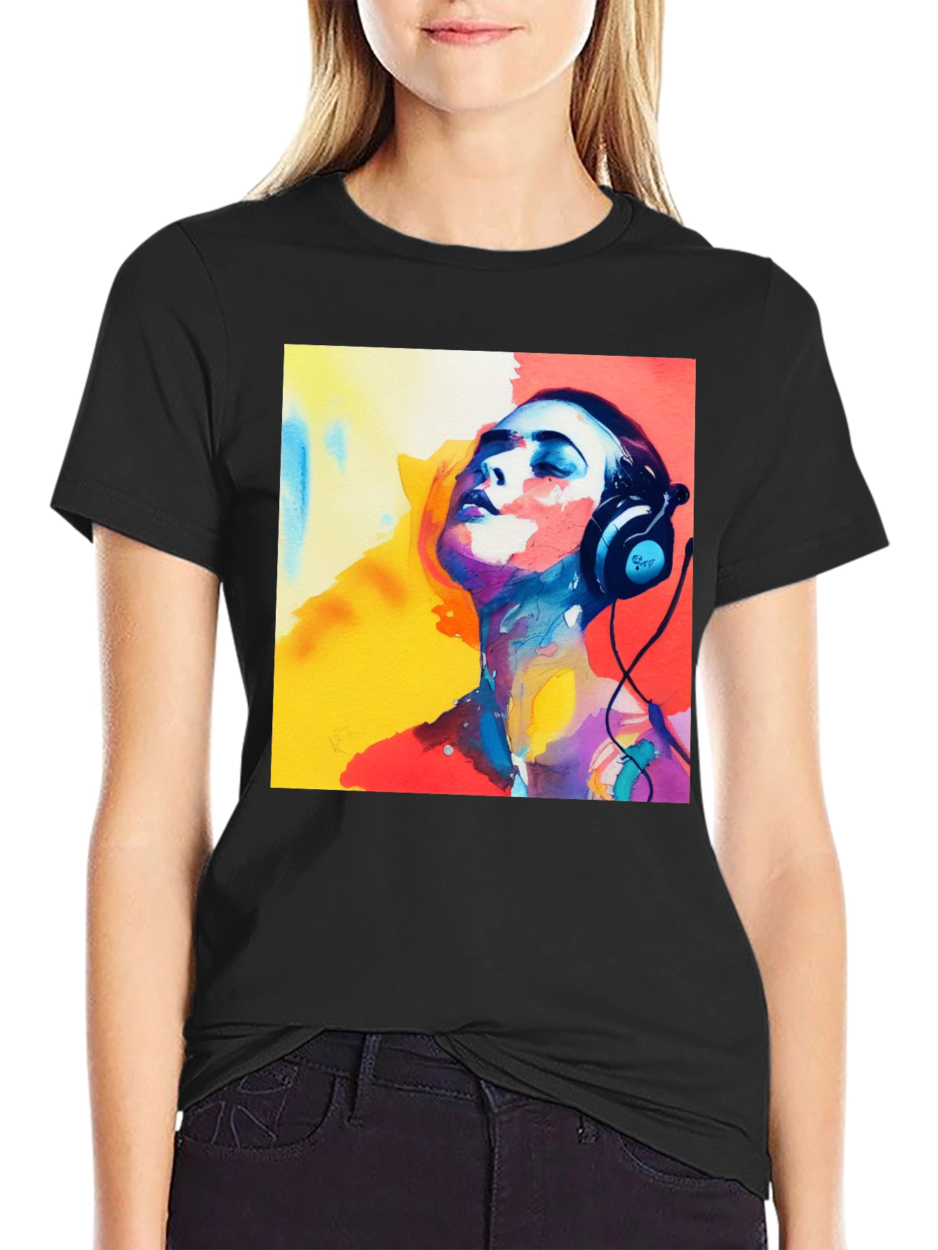 Abstract Art Woman with Headphones Graphic Tee