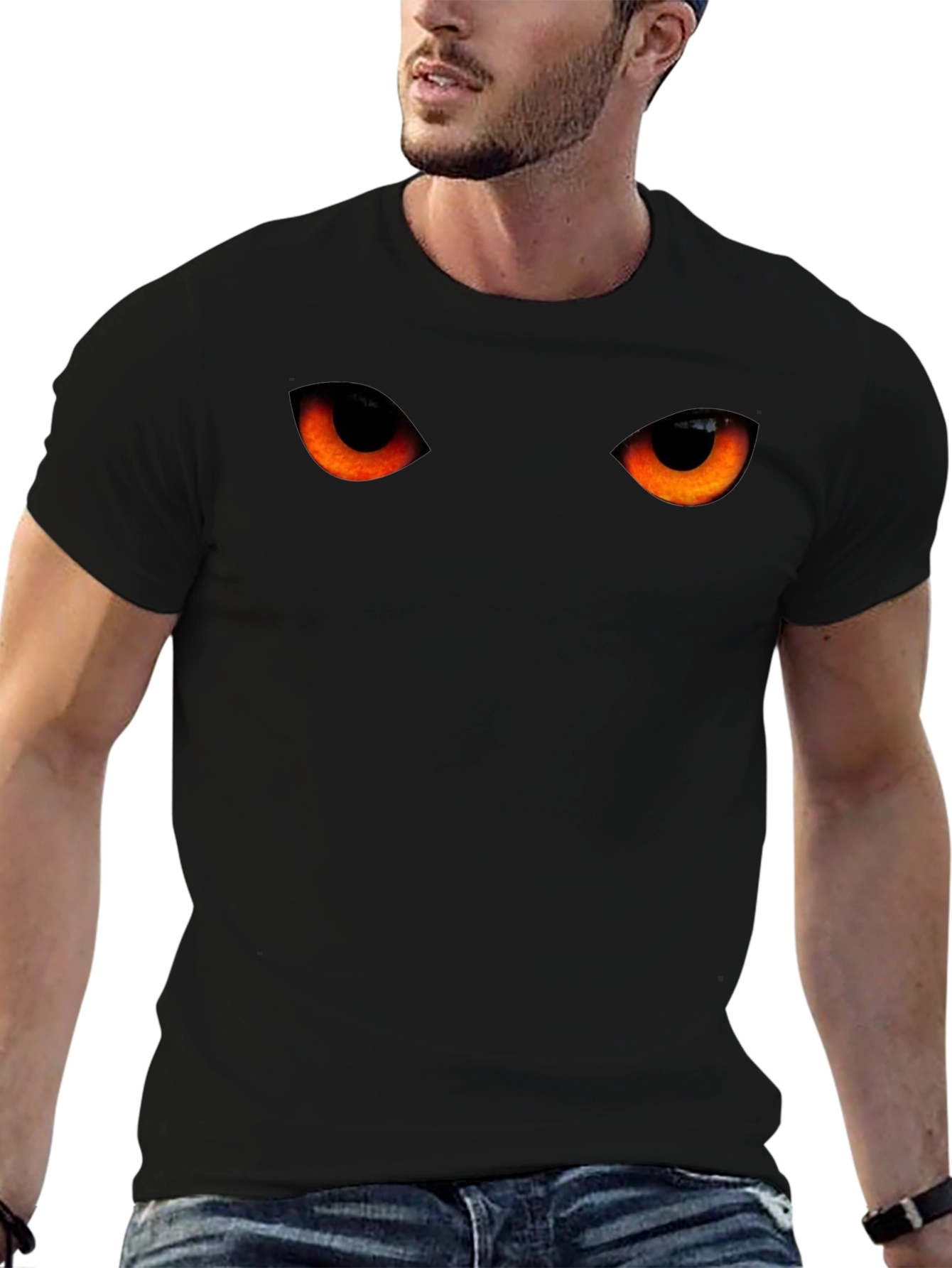 Mens Black T-Shirt with Glowing Eyes Graphic