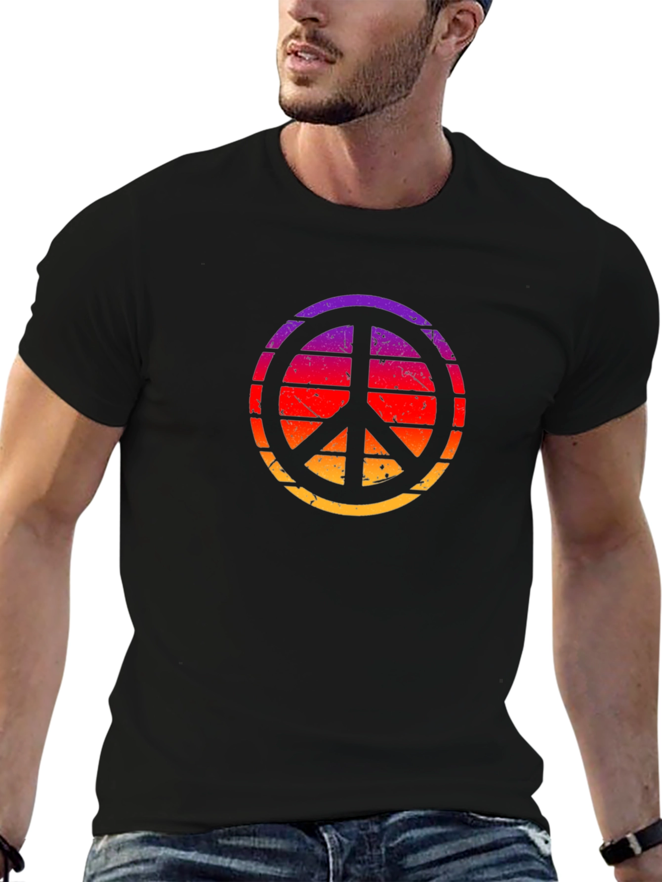 Retro Sunset Peace Sign Black T-Shirt