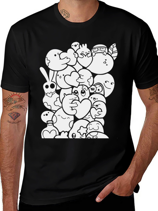 Fun Cartoon Doodle Black Cotton T-Shirt