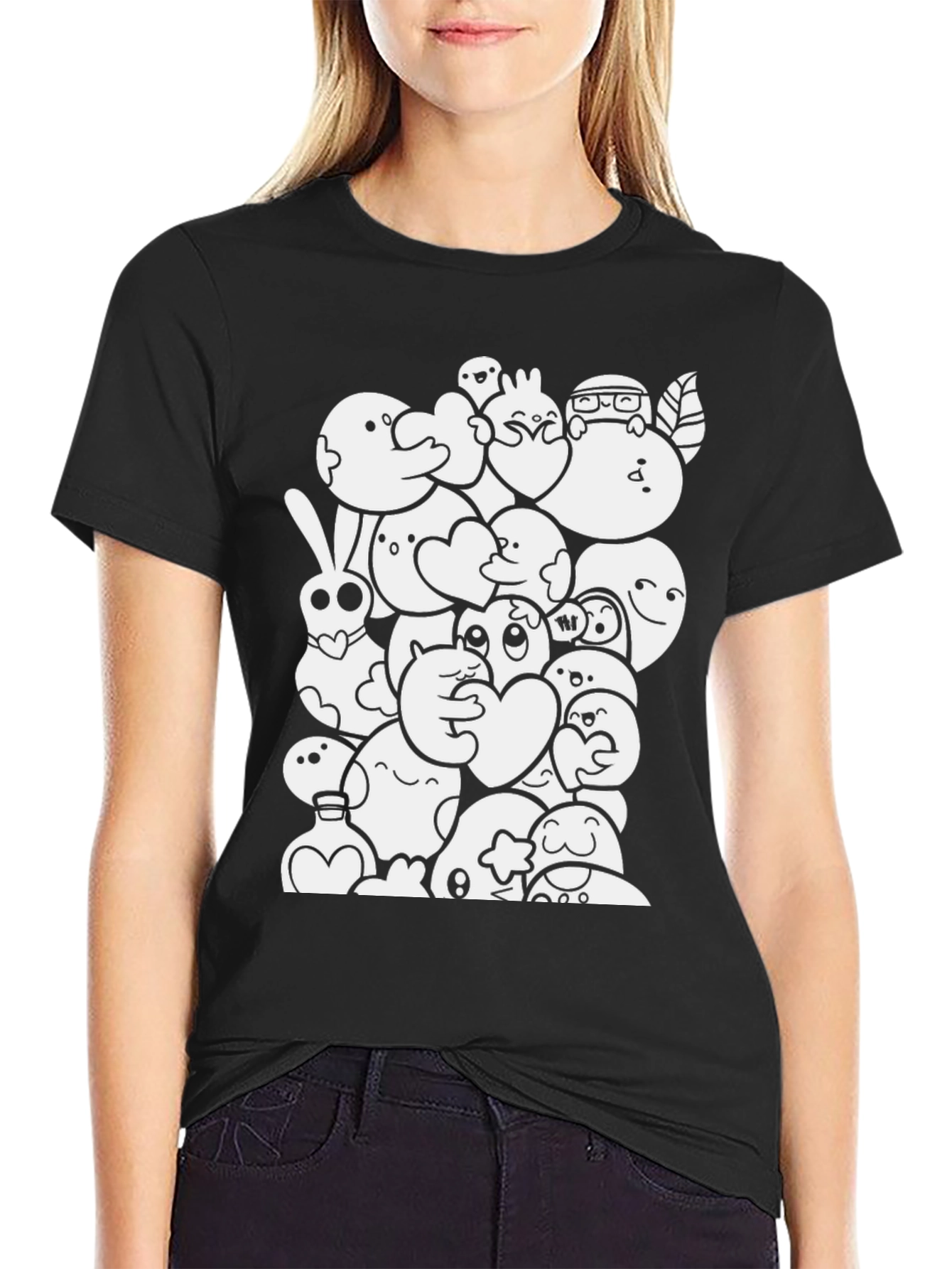 Fun Cartoon Doodle Black Cotton T-Shirt