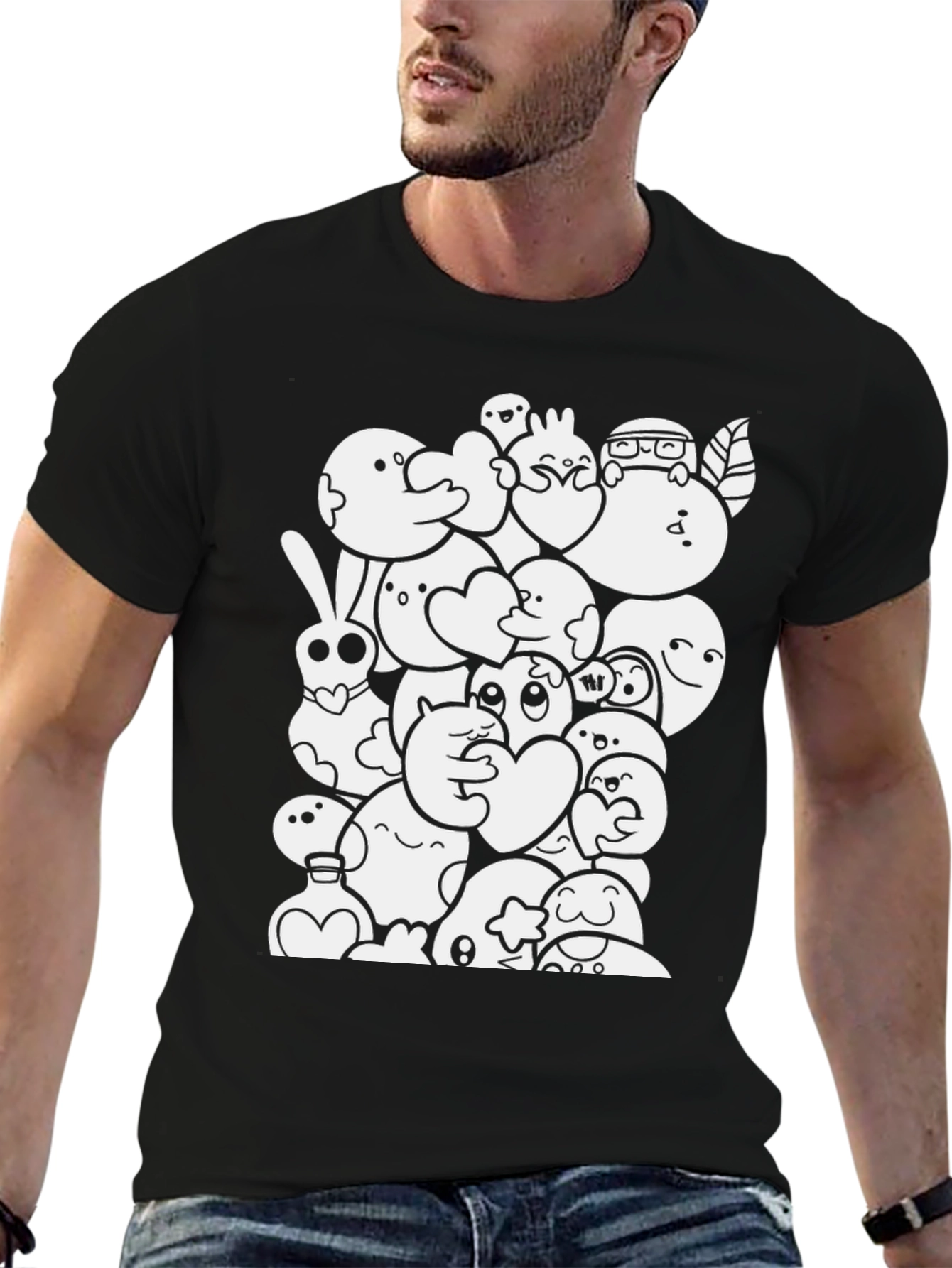 Fun Cartoon Doodle Black Cotton T-Shirt