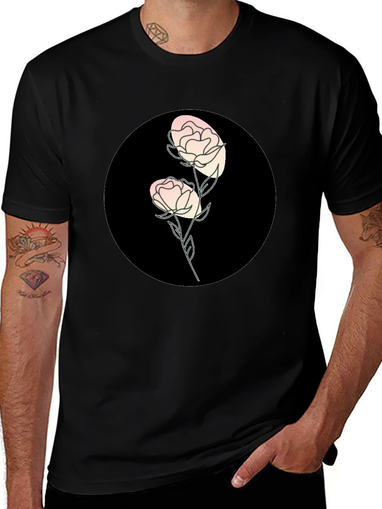 Black T-Shirt with Floral Design