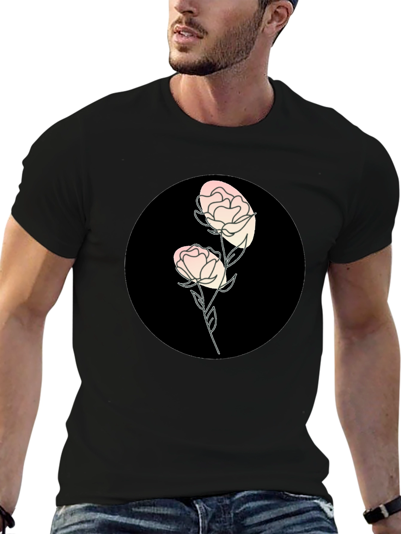 Black T-Shirt with Floral Design