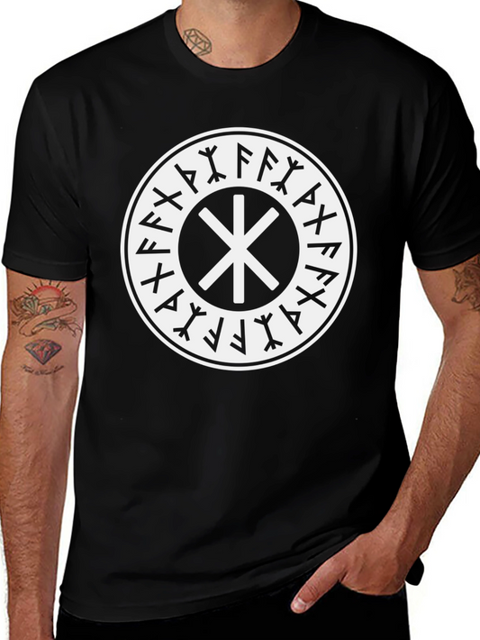 Black T-Shirt with Nordic Rune Symbol Graphic Print