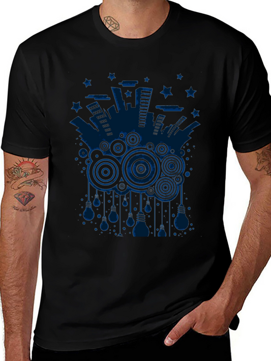 Abstract Cityscape Graphic Tee - Black Cotton T-Shirt