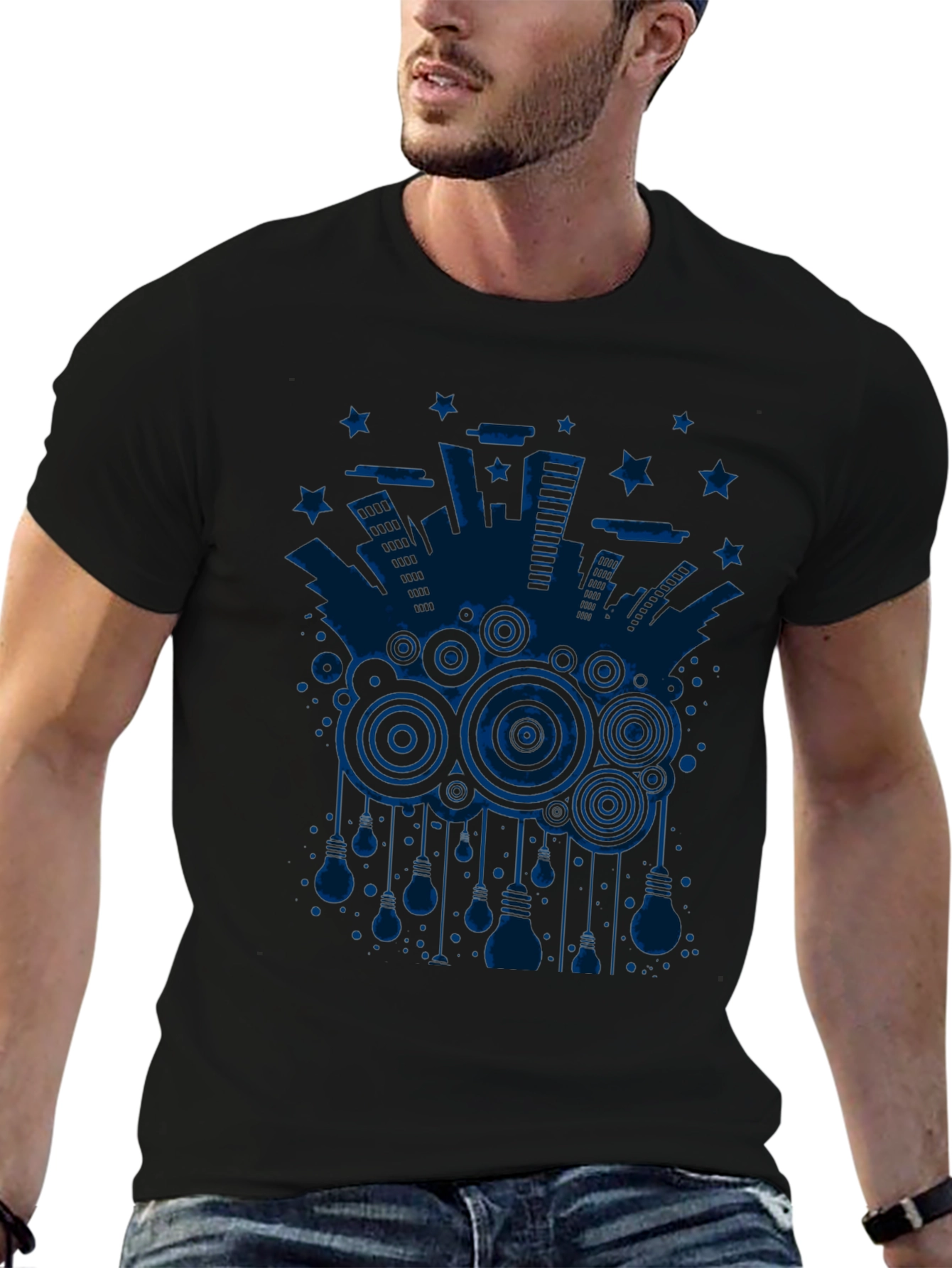 Abstract Cityscape Graphic Tee - Black Cotton T-Shirt