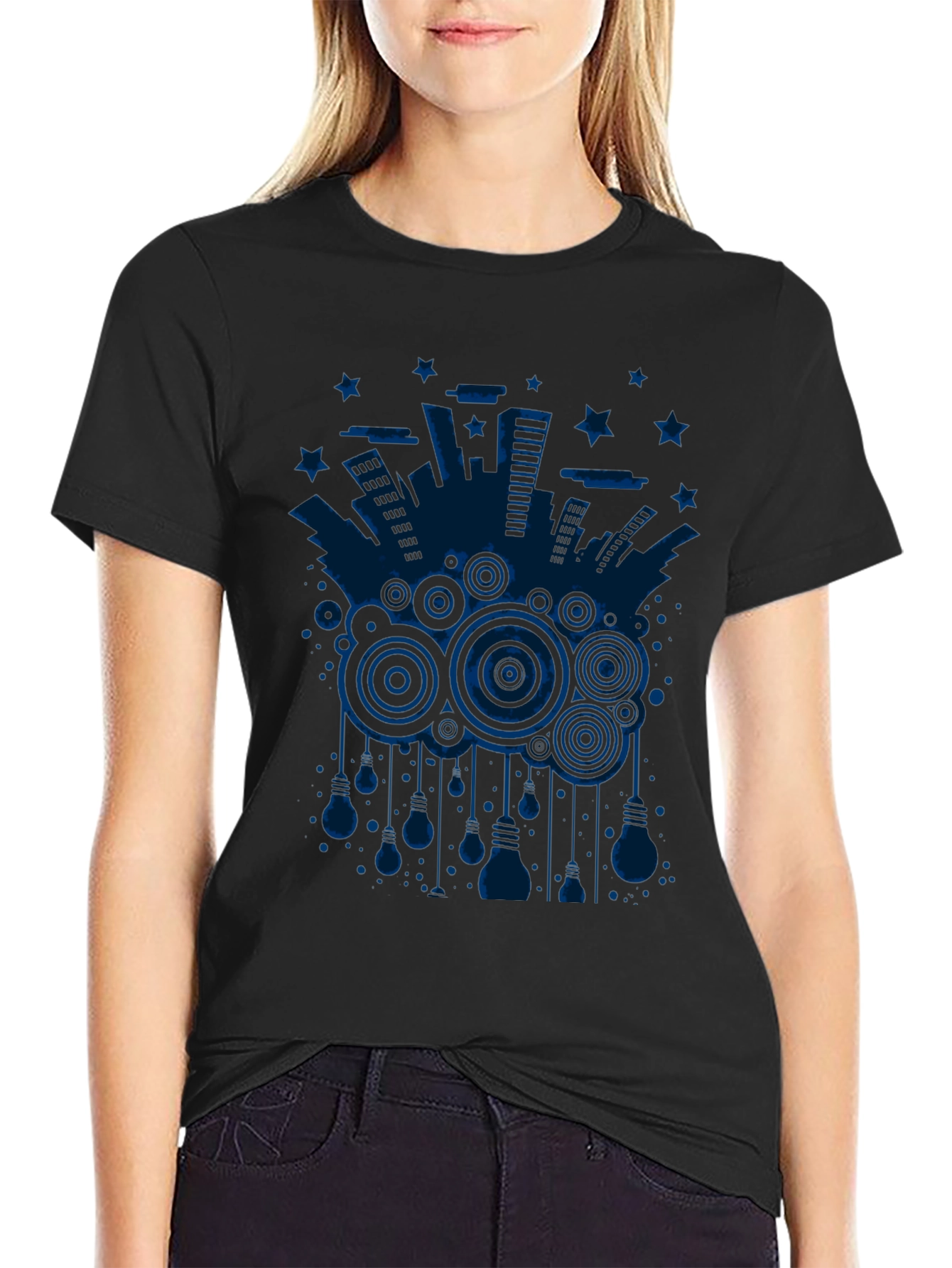 Abstract Cityscape Graphic Tee - Black Cotton T-Shirt