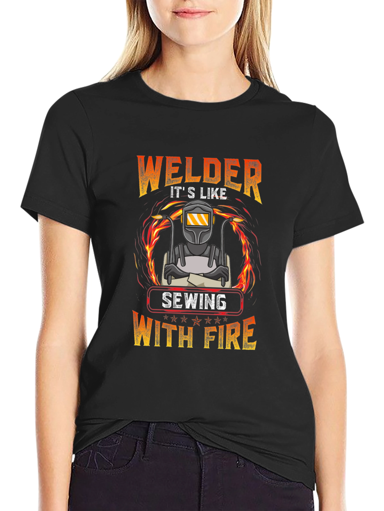 Welder Sewing With Fire Graphic T-Shirt